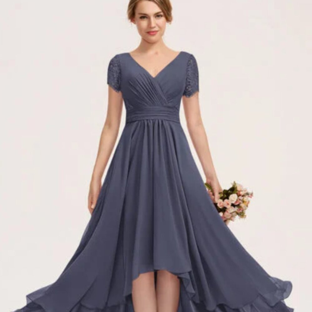 V-neck Asymmetrical Chiffon Lace Bridesmaid Dress
